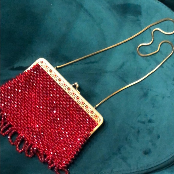 Vintage Handbags - Red Beaded Vintage Bag Gold Chain Beautiful Bag